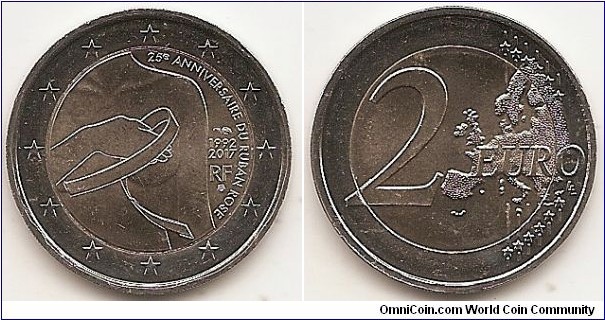 2 Euro KM#NEW 8.5000 g., Bi-Metallic Nickel-Brass center in Copper-Nickel ring, 25.75 mm. Subject : 25th anniversary of the pink ribbon, symbol of the fight against breast cancer Obv: The coin  represents a woman’s bust symbolically protected by a hand and the ribbon. It is surrounded, at the right side, by the inscription ‘25e ANNIVERSAIRE DU RUBAN ROSE’ (25th anniversary of the pink ribbon). The right side also features the years ‘1992 – 2017’, the indication of the issuing country ‘RF’ and the mintmarks. The coin’s outer ring bears the 12 stars of the European Union. Rev: 2 on the left-hand side, six straight lines run vertically between the lower and upper right-hand side of the face, 12 stars are superimposed on these lines, one just before the two ends of each line, superimposed on the mid - and upper section of these lines; the European continent ( extended ) is represented on the right-hand side of the face; the right-hand part of the representation is superimposed on the mid-section of the lines; the word ‘EURO’ is superimposed horizontally across the middle of the right-hand side of the face. Under the ‘O’ of EURO, the initials ‘LL’ of the engraver appear near the right-hand edge of the coin. Edge: Combination of the number 2 and ** repeated six times, fine milled. Obv. designer: Atelier des Gravures Rev. designer: Luc Luycx