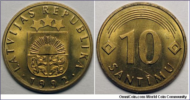 Latvia, 1992 10 Santimu, KM#17.