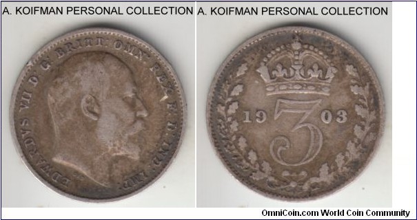 KM-797.1, 1903 Great Britain 3 pence; silver, plain edge; circulated, fine to very fine.