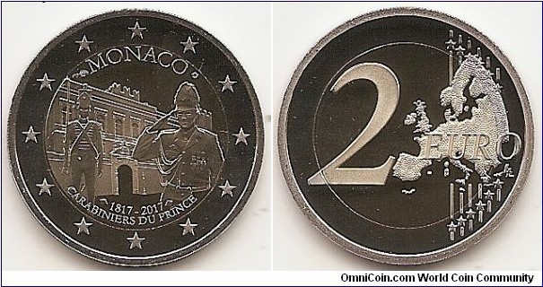 2 Euro KM#NEW 8.5000 g., Bi-Metallic Nickel-Brass center in Copper-Nickel ring, 25.75 mm. Subject : Carabiniers du Prince Obv: The design shows a CARABINIER and in the background the Palace of Monaco. At the top is the inscription ‘MONACO’ flanked by the mintmark and the mint master mark. At the bottom are the years ‘1817-2017’ and underneath the inscription ‘CARABINIERS DU PRINCE’. The coin’s outer ring bears the 12 stars of the European Union. Rev: 2 on the left-hand side, six straight lines run vertically between the lower and upper right-hand side of the face, 12 stars are superimposed on these lines, one just before the two ends of each line, superimposed on the mid - and upper section of these lines; the European continent ( extended ) is represented on the right-hand side of the face; the right-hand part of the representation is superimposed on the mid-section of the lines; the word ‘EURO’ is superimposed horizontally across the middle of the right-hand side of the face. Under the ‘O’ of EURO, the initials ‘LL’ of the engraver appear near the right-hand edge of the coin. Edge: 2**, repeated six times, alternately upright and inverted, fine milled. Obv. designer: Atelier des Gravures Rev. designer: Luc Luycx