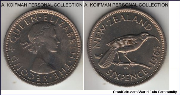 KM-26.2, 1965 New Zealand 6 pence; copper-nickel, reeded edge; last year of decimal mintage, decent uncirculated.