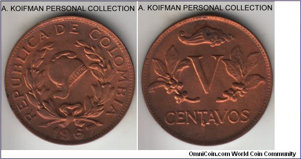 KM-206a, 1967 Colombia 5 centavos; copperclad steel, plain edge; mostly red uncirculated.