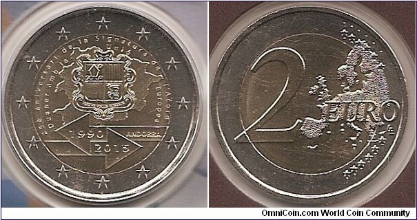 2 Euro KM#NEW 8.5000 g., Bi-Metallic Nickel-Brass center in Copper-Nickel ring, 25.75 mm. Subject : 25th anniversary of the Signature of the Customs Agreement with the European Union Obv: The design shows at the top the map of Andorra with the coat of arms of the Principality highlighted inside it. At the bottom of the design, two opposing arrows interlaced, symbolising the Customs Agreement between Andorra and the EU, show the years that are being commemorated ‘1990’ and ‘2015’ (the latter is also the year of issue of the coin) and the name of the issuing country ‘ANDORRA’. Surrounding the map of Andorra appears the inscription ‘25è aniversari de la Signatura de l’Acord Duaner amb la Unió Europea’ (25th anniversary of the Signature of the Customs Agreement with the European Union). The coin’s outer ring bears the 12 stars of the European Union. Rev: 2 on the left-hand side, six straight lines run vertically between the lower and upper right-hand side of the face, 12 stars are superimposed on these lines, one just before the two ends of each line, superimposed on the mid - and upper section of these lines; the European continent ( extended ) is represented on the right-hand side of the face; the right-hand part of the representation is superimposed on the mid-section of the lines; the word ‘EURO’ is superimposed horizontally across the middle of the right-hand side of the face. Under the ‘O’ of EURO, the initials ‘LL’ of the engraver appear near the right-hand edge of the coin. Edge: 2**, repeated six times, alternately upright and inverted, fine milled. Obv. designer: Monnaie de Paris Rev. designer: Luc Luycx
