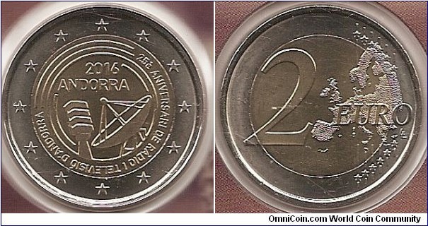 2 Euro KM#NEW 8.5000 g., Bi-Metallic Nickel-Brass center in Copper-Nickel ring, 25.75 mm. Subject : 25th anniversary of the Radio and Television of Andorra Obv: The design shows a microphone and an antenna circled by several circular lines with the inscription ‘25è ANIVERSARI DE RÀDIO I TELEVISIÓ D’ANDORRA’, the year of issuance ‘2016’ and the name of the State of issuance ‘ANDORRA’. The coin’s outer ring bears the 12 stars of the European Union. Rev: 2 on the left-hand side, six straight lines run vertically between the lower and upper right-hand side of the face, 12 stars are superimposed on these lines, one just before the two ends of each line, superimposed on the mid - and upper section of these lines; the European continent ( extended ) is represented on the right-hand side of the face; the right-hand part of the representation is superimposed on the mid-section of the lines; the word ‘EURO’ is superimposed horizontally across the middle of the right-hand side of the face. Under the ‘O’ of EURO, the initials ‘LL’ of the engraver appear near the right-hand edge of the coin. Edge: 2**, repeated six times, alternately upright and inverted, fine milled. Obv. designer: Fábrica Nacional de Moneda y Timbre Rev. designer: Luc Luycx