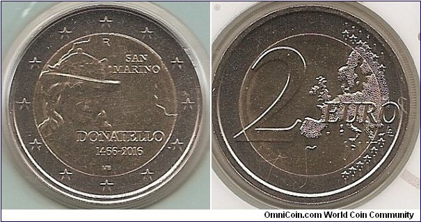 2 Euro KM#NEW 8.5000 g., Bi-Metallic Nickel-Brass center in Copper-Nickel ring, 25.75 mm. Subject : 550th anniversary of the death of Donatello Obv: The design depicts, in the foreground on the left, a portrait of David, being a detail of the bronze sculpture by Donatello. At centre top, the mintmark ‘R’; on the right, the name of the issuing country ‘SAN MARINO’; at bottom right, the inscription ‘Donatello’, the dates ‘1466-2016’ and, in the centre, the initials of the artist ‘MB’. The coin’s outer ring bears the 12 stars of the European Union. Rev: 2 on the left-hand side, six straight lines run vertically between the lower and upper right-hand side of the face, 12 stars are superimposed on these lines, one just before the two ends of each line, superimposed on the mid - and upper section of these lines; the European continent ( extended ) is represented on the right-hand side of the face; the right-hand part of the representation is superimposed on the mid-section of the lines; the word ‘EURO’ is superimposed horizontally across the middle of the right-hand side of the face. Under the ‘O’ of EURO, the initials ‘LL’ of the engraver appear near the right-hand edge of the coin. Edge: 2*, repeated six times, alternately upright and inverted, fine milled. Obv. designer: Matt Bonaccorsi Rev. designer: Luc Luycx
