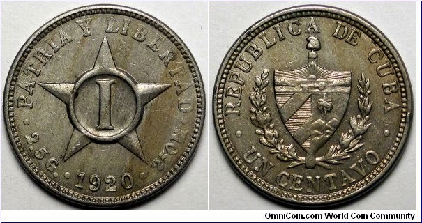 Cuba, 1920 1 Centavo, KM#9.1.