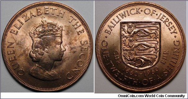 Jersey, 1960 1/12 Shilling, 300th Anniversary of the Accession of Charles II, KM#23.