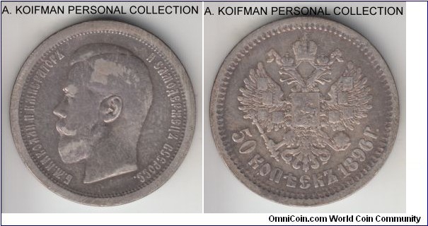 Y-58.2, 1896 Russia (Empire) 50 kopeks, St. Petersburg mint (no mint mark), АГ mint master initials; silver, letter edge; a more common variety with the mint master initials, very fine or about.
