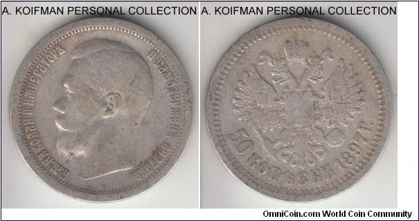 Y-58.1, 1897 Russia (Empire) 50 kopeks, Paris mint (* mint mark, no mint master initials); silver, letter edge; decent good fine.