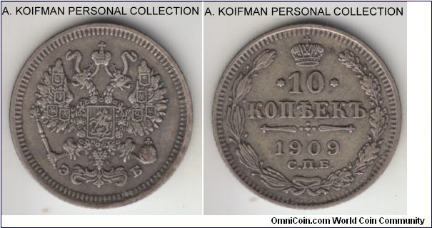 Y#20a.2, 1909 Russia (Empire) 10 kopeks, St. Petersburg mint (СПБ mint mark); silver, reeded edge; good very fine or better.