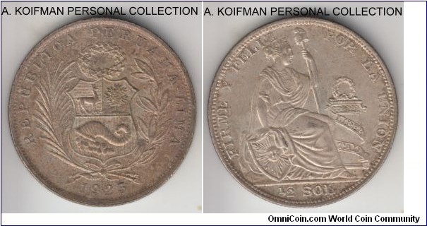 KM-216, 1923 Peru 1/2 sol; silver, reeded edge; flat top in 3 variety, heavilyt toned almost uncirculated.