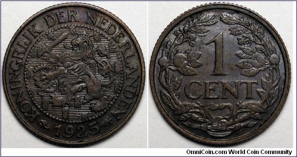 Netherlands, 1925 1 Cent, KM#152.