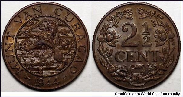 Curacao, 1944-D 2 1/2 Cents, KM#42.