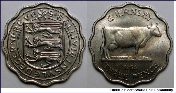 Guernsey, 1956 3 Pence, KM#17.