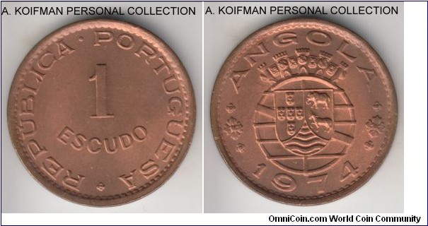 KM-76, 1974 Portuguese Angola escudo; bronze, plain edge; decent red brown uncirculated.