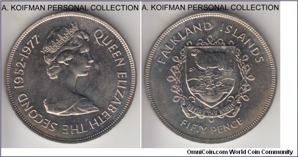 KM-10, 1977 Falkland Islands 50 pence; copper-nickel, reeded edge; Queen's Silver Jubilee commemorative issue, mintage 100,000, proof like uncirculated, someone's fingerprints can surely be lifted off it.