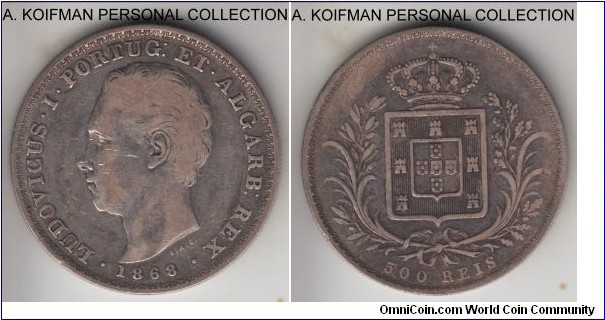 KM-509, 1868 Portugal 500 reis; silver, reeded edge; about very fine or slightly better.