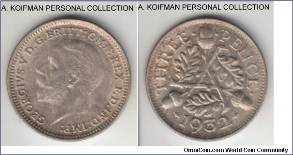KM-831, 1932 Great Britain 3 pence; silver, plain edge; brilliant uncirculated, soft golden tone.