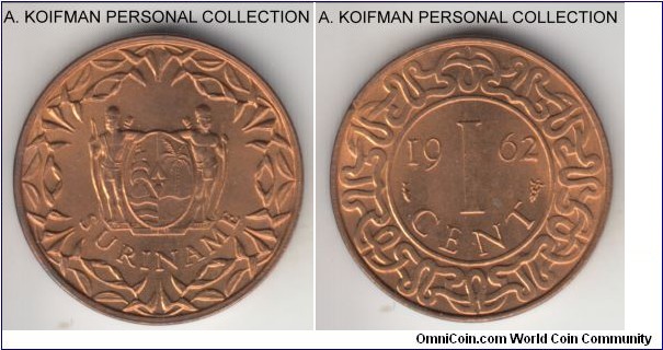 KM-11, 1962 Suriname cent, Utrecht mint (fish mint mark); bronze, plain edge; red uncirculated with just a hint of brown.
