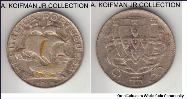 KM-580, 1943 Portugal 2 1/2 escudos; silver, reeded edge; good very fine, some leftover glue or yellowish toning.