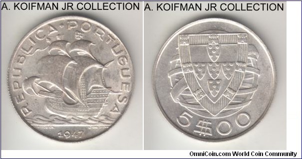 KM-581, 1947 Portugal 5 escudos; silver, reeded edge; common but nice bright choice uncirculated.