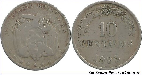 Bolivia 10 Centavos 1892H