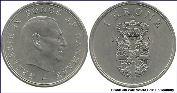 Denmark 1 Krone 1961-Frederik IX