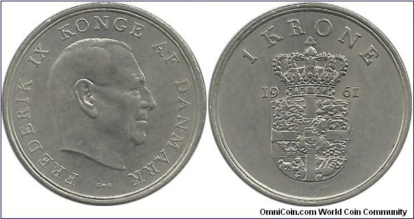Denmark 1 Krone 1961-Frederik IX