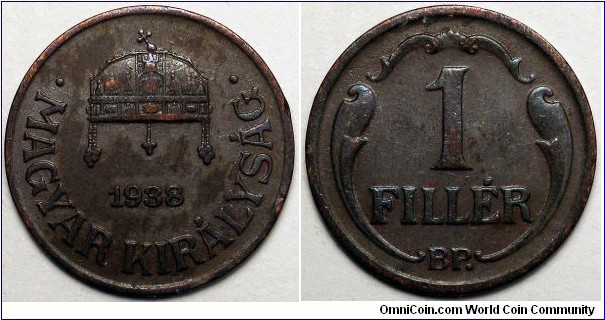 Hungary, 1938 1 Filler, KM#505.