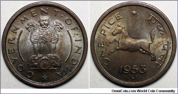 India, 1953♦ 1 Pice, KM#1.4.
