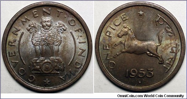 India, 1953♦ 1 Pice, KM#1.4.