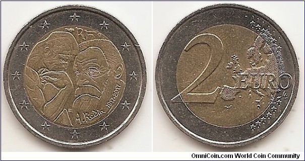 2 Euro KM#NEW 8.5000 g., Bi-Metallic Nickel-Brass center in Copper-Nickel ring, 25.75 mm. Subject : Centenary of Auguste Rodin Obv: The design represents Auguste Rodin and The Thinker, his best known work, like forehead to forehead. The RF mention standing for République Française is drawn as sculpted on the top of the coin. The name of the artist ‘A. Rodin’ and the relevant dates ‘1917-2017’ are inscribed in his beard. The coin’s outer ring bears the 12 stars of the European Union. Rev: 2 on the left-hand side, six straight lines run vertically between the lower and upper right-hand side of the face, 12 stars are superimposed on these lines, one just before the two ends of each line, superimposed on the mid - and upper section of these lines; the European continent ( extended ) is represented on the right-hand side of the face; the right-hand part of the representation is superimposed on the mid-section of the lines; the word ‘EURO’ is superimposed horizontally across the middle of the right-hand side of the face. Under the ‘O’ of EURO, the initials ‘LL’ of the engraver appear near the right-hand edge of the coin. Edge: Fine milled, with the inscription 2 * *, repeated six times, alternately upright and inverted. Obv. designer: Atelier des Gravures Rev. designer: Luc Luycx