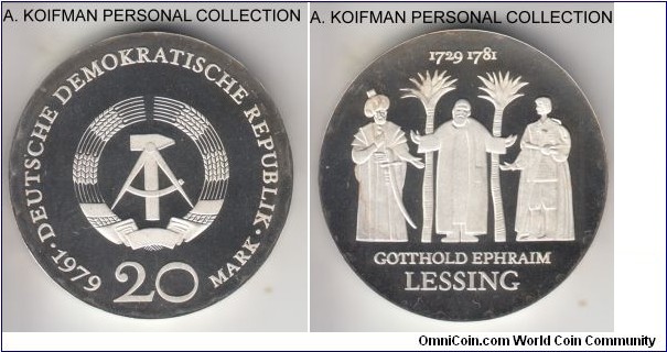 KM-74, 1979 East Germany (DDR) 20 mark; proof, silver, lettered edge; Gotthold Ephraim Lessing commemorative, mintage 4,500, nice deep cameo proof.