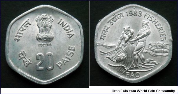 India 20 paise.
1983, F.A.O. Fisheries.
Hyderabad mint.