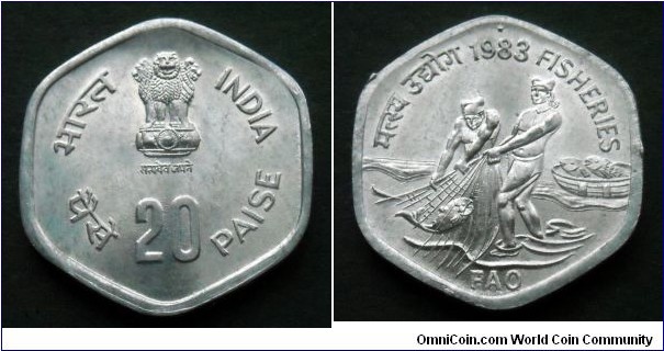 India 20 paise.
1983, F.A.O. Fisheries.
Hyderabad mint.