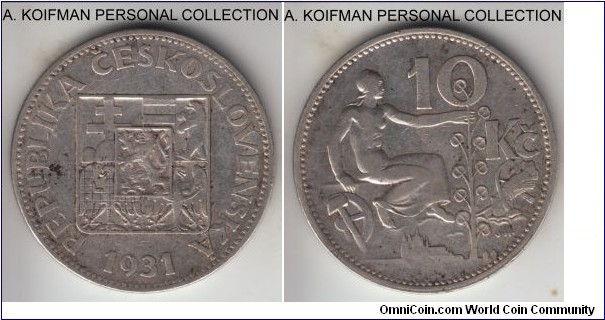 KM-15, 1931 Czechoslovakia 10 korun; silver, fine reeded edge; well circulated early republican mintage, a 4-year type.