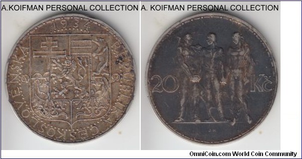KM-17, 1931 Czechoslovakia 20 korun; silver, ornamented edge; two year type, darker toned, very fine or so.