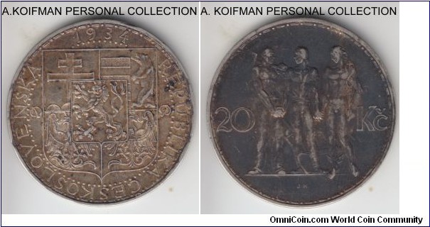 KM-17, 1931 Czechoslovakia 20 korun; silver, ornamented edge; two year type, darker toned, very fine or so.