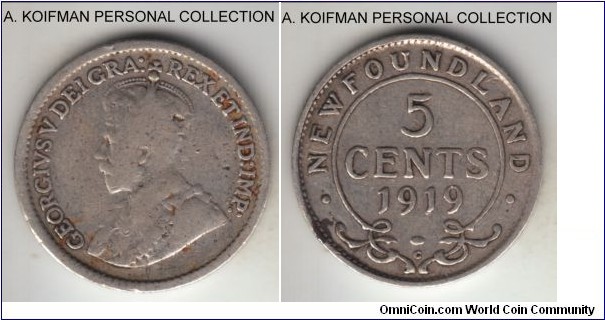 KM-13, 1919 Newfoundland 5 cents, Ottawa mint (C mint mark); silver, reeded edge; scarce year due to low mintage of just above 100,000, good to very good.