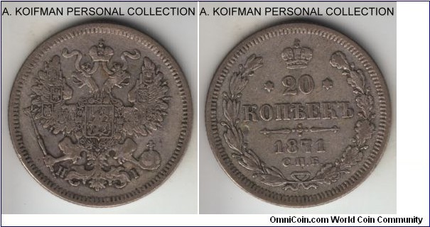 Y#22a.1, 1871 Russia (Empire) 20 kopeks, St. Petersburg mint (СПБ mint mark); silver, reeded edge; very fine to good very fine.