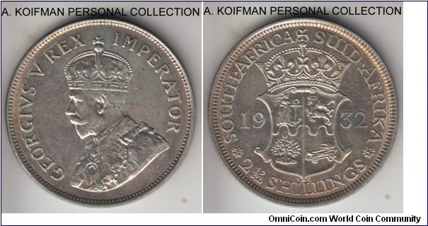 KM-19.3, 1932 South Africa (Dominion) 2 1/2 shillings; silver, reeded edge; decent extra fine, natural toning.