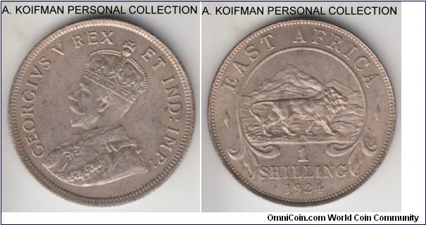 KM-21, 1924 East Africa shilling, Royal Mint (no mint mark); silver, reeded edge; issue was minted in low quality 250 silver and is mostly found worn, this is a toned about uncirculated specimen.