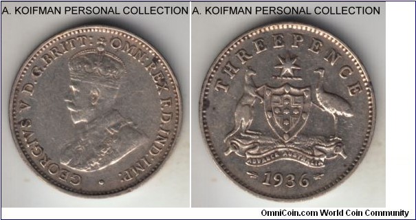 KM-24, 1936 Australia 3 pence, Melbourne mint (no mint mark); silver, plain edge; extra fine details, cleaned and few spots.