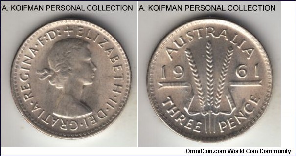 KM-57, 1961 Australia 3 pence; silver, plain edge; bright white uncirculated.