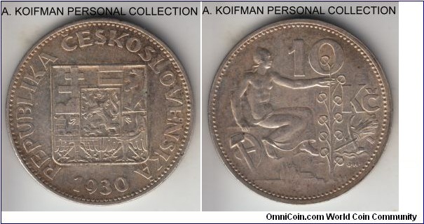 KM-15, 1930 Czechoslovakia 10 korun; silver, fine reeded edge; toned good extra fine, first year of the type.