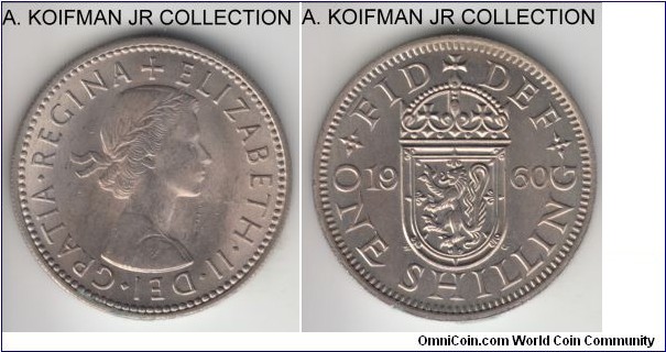 KM-905, 1960 Great Britain shilling; copper-nickel, reeded edge; Elizabeth II, Scottish crest, bright average uncirculated.