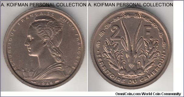 KM-E6, 1948 Cameroon 2 francs; essai, copper-nickel, plain edge; nice lustrous uncirculated essai issue, mintage 2,000.