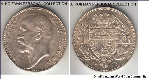 KM-Y2, 1915 Liechtenstein Krone; silver, reeded edge; last year of the type, lustrous uncirculated, a couple of carbon spots, limited mintage of 75,000.