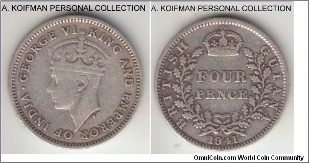 KM30, 1941 British Guiana 4 pence; silver, reeded edge; the start of WWII saw a much increased mintage of the type, 120,000 that year.