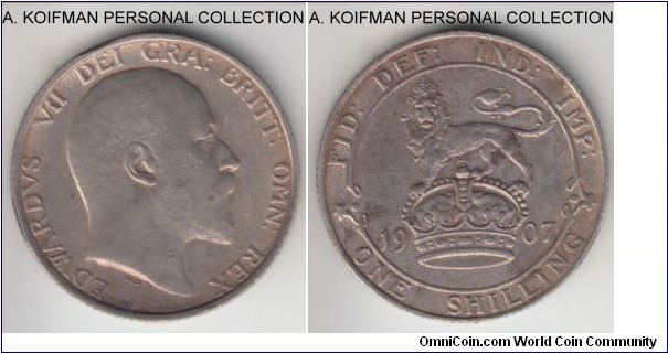 KM-800, 1907 Great Britain shilling; silver, reeded edge; good very fine to about extra fine, sharp rims, but a couple of small bumps.
